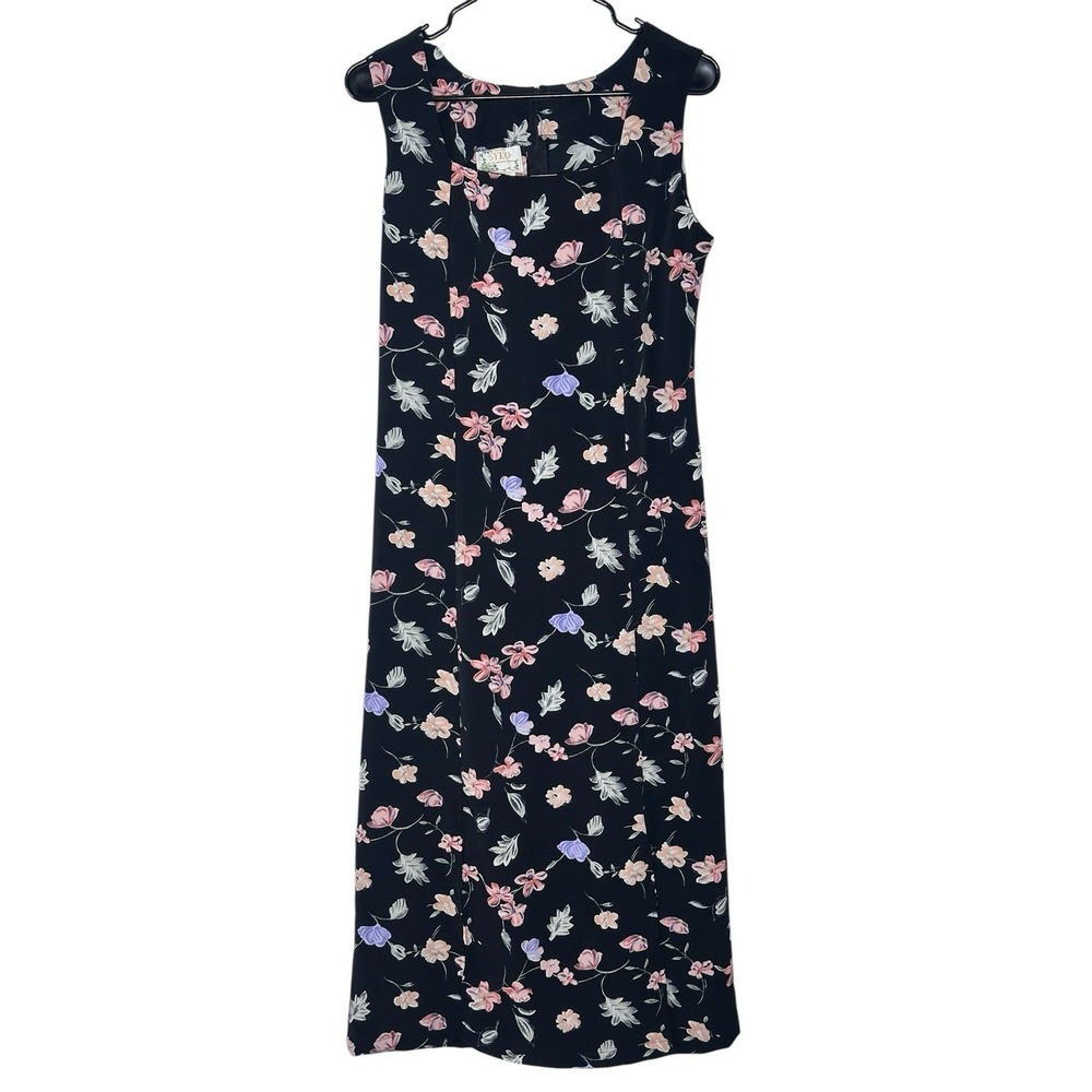 Vintage Syko Black Floral Maxi Sheath Dress Feminine Sleeveless Summer Boho Sz 9